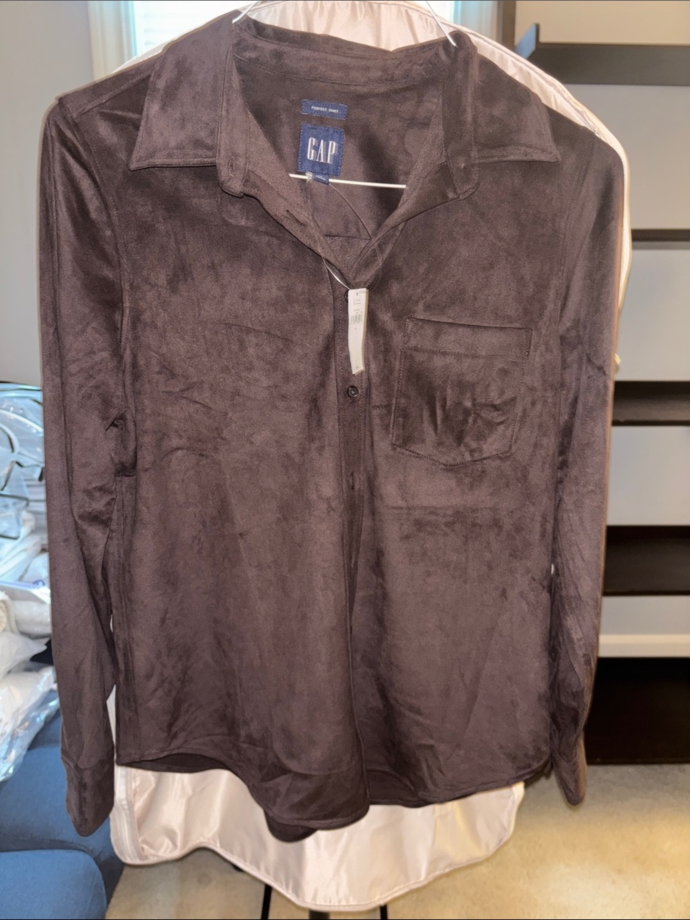 GAP Women's Charcoal Button-Down Suede-Look Shirt